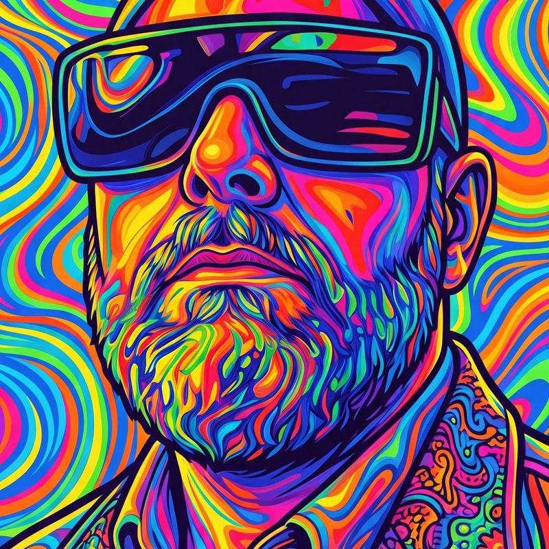 Close-up of Cosmic Drift: a bearded figure in shades melting into swirling rainbow patterns.