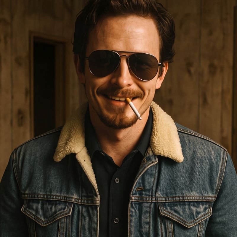 Close-up of Denim Hour: a grinning man in a sherpa denim jacket and aviators, lit warm and low in a wood-panelled room.